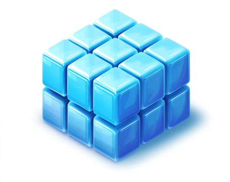 Logo for the software, blue blocks in isometric view on a white background, vector style, simple design, minimalistic, no shadows, vector logo, high resolution, no text or letters visible. --ar 19:15 --v 6.1 Job ID: 72e8b419-b38d-4945-a61d-77fe46d69ffaの素材