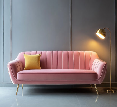 Photographer Chen Man's fashionable photography style features a European classical pink velvet three-seater sofa, brass legs, straight armrests, and back cushions, with a golden floor lamp next to it. In the living room, full of light, luxury, and modern elements, there is a dawn shining from behind. The clean background exudes an elegant atmosphere. This photo has a high-definition texture, soft colors, and bright lighting. --ar 11:10 --v 6.1 Job ID: 6057079a-1648-441f-9d62-821bfabb0a59の素材