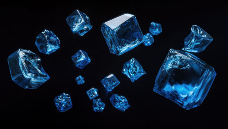 A dynamic composition of floating blue metallic cubes, arranged in an abstract and futuristic manner on a black background. The cubes create a sense of motion with their suspended form, with some appearing to be spinning or melting slightly at the edges. This design is perfect for high-end branding, as it embodies innovation and modernity. It could represent a digital transformation or technology-forward narrative. --ar 53:30 --v 6.1 Job ID: efade036-ea92-44a6-8a96-73fc79c95a70の素材