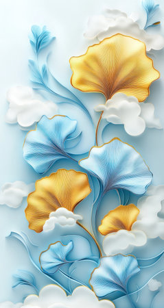 3D relief-style, simple composition, light blue and yellow ginkgo leaves with golden edges flowing in the background of white clouds, layered paper-cut art, high resolution, bright colors, clear lines, hand-drawn details, white space on top and bottom, symmetrical left and right sides, natural lighting, no shadows, light color theme, simple background. --ar 8:15 --v 6.1 Job ID: 566b105b-496d-493e-9a11-6ea0cb188f09の素材