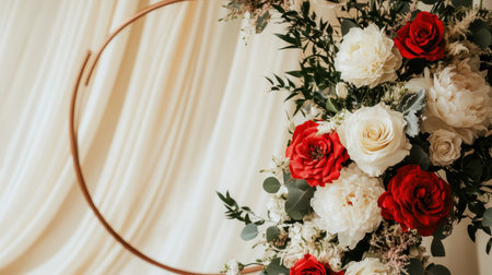 Red and white flowers on the background of cream-colored curtains, with an arch made from a circular metal frame in front of them. The floral decoration is located at one end of the circle, creating a beautiful scene for wedding photo shoots. --chaos 30 --ar 16:9 --v 6.1 Job ID: 5e220198-0281-4bb1-b55c-a407e502ec8aの素材