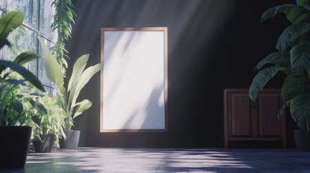 A black wall with plants and wooden furniture, with large windows on the left side of the room. A mock-up frame is hanging above an old wood cabinet in front of it. The scene includes sunlight coming through the window, casting shadows across the floor --chaos 30 --ar 16:9 --v 6.1 Job ID: bee55e04-bc5e-455d-859d-e3825f5a1d84の素材