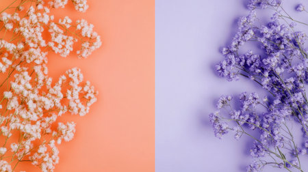 Beautiful, colorful pastel spring flowers background banner with copy space, featuring a purple and orange color theme, with gypsophila flowers, a soft, blurred background, close-up, minimal concept, and studio lighting, photographed in the style of an art director for a magazine. --chaos 30 --ar 16:9 --v 6.1 Job ID: 4ad03f34-e4fb-488b-bba5-ac78f6090b8dの素材