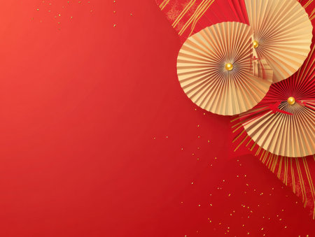 Red background, Chinese New Year decorations with paper fans in the upper left corner of the picture, golden lines on red and beige color blocks, minimalist style, flat illustration, Chinese New Year atmosphere, no shadows, high resolution, high detail, high quality. --ar 4:3 --v 6.1 Job ID: d18ccd3b-5d4e-4e49-b88c-990c4b27fba7の素材