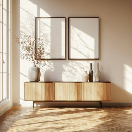 Modern interior design of the hallway, parquet flooring, a sideboard with vases and accessories, a window in the background, light beige walls, two empty frames above the cabinet, and natural daylight, in a photorealistic style. --v 6.1 Job ID: f4e7ad49-72d1-443e-a5eb-e5e1cd1f6472の素材