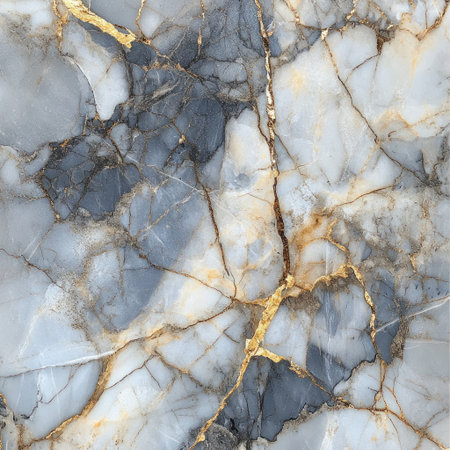 A close-up of cracked marble, showcasing the intricate patterns and textures in shades of grey with subtle hints of gold. The background is neutral to highlight the detailed cracks on each stone surface. This design would be suitable for interior decor or wall art. --v 6.1 Job ID: 2de12de6-e72a-4922-90ad-122f2c849080の素材
