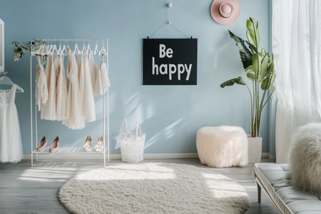 A minimalist room with light blue walls, white furniture, and on hangers. There is also an elegant black wooden sign that says "Be happy" in large letters. There is some beige carpet around the floor, a plant near one wall, a few shoes under a shelf, a pink hat hanging from above, and a white rack holding women's dresses. The scene has soft lighting and natural sunlight coming through the window. --ar 3:2 --v 6.1 Job ID: 2f889f88-65f0-4d0e-8123-598743b619fbの素材
