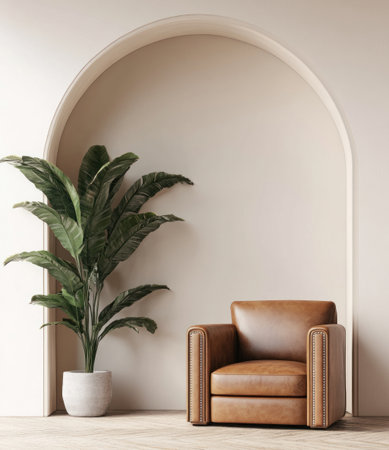 A minimalist and clean interior background with an arched wall, featuring a leather armchair on the right side of the archway, a potted plant nearby, and light-colored walls. The composition is simple yet elegant, creating space for text or product display in a stylish setting. --ar 13:15 --v 6.1 Job ID: 3c88ffcc-72b7-4d35-8958-07712c402eb9の素材
