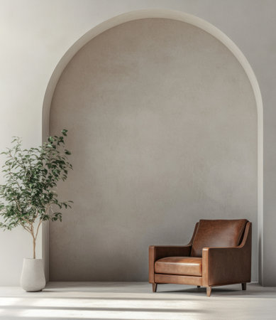 A minimalist and clean interior background with an arched wall, featuring a leather armchair on the right side of the archway, a potted plant nearby, and light-colored walls. The composition is simple yet elegant, creating space for text or product display in a stylish setting. --ar 13:15 --v 6.1 Job ID: 3c88ffcc-72b7-4d35-8958-07712c402eb9の素材