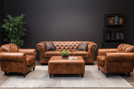 Modern interior design with a leather sofa, armchairs, and a coffee table against a dark gray wall background. Minimalist home decor in an industrial-style living room. --ar 3:2 --v 6.1 Job ID: 984601f3-fc2f-4fa1-aaa3-b085cf692555の素材