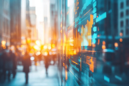 A blurred background of city streets with digital elements like graphs and charts, representing the fusion between global business growth and technological innovation. The sunlight streaming through windows adds to an atmosphere of lightness and clarity in financial reporting. --ar 3:2 --v 6.1 Job ID: 371f2b35-41c0-472a-b9ea-387221bc80b4の素材