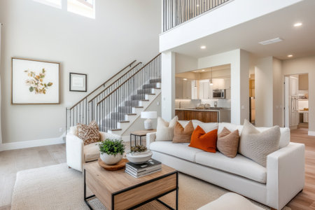 Modern living room with a staircase, white walls, and a neutral-colored sofa, featuring modern decor. Captured in a wide-angle shot, this image showcases ultra-realistic photography. --ar 3:2 --v 6.1 Job ID: 0ae7c244-f227-4f73-9de1-c7121bef3127の素材