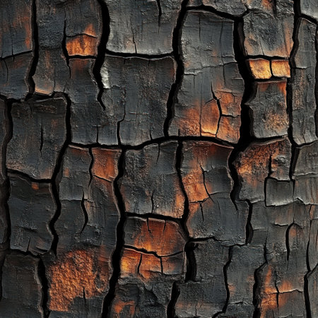 A close-up of charred wood with visible cracks, showcasing the intricate patterns and textures that evoke an atmosphere reminiscent of post-apocalyptic landscapes. The colors include shades of brown, black, gray, red, orange, and yellow, creating a richly textured background that adds depth to your design projects. This pattern is ideal for adding realistic details in digital art or as a decorative element on various media surfaces. --v 6.1 Job ID: 8caebc06-cde0-4a02-b355-90fe0cc8e9caの素材