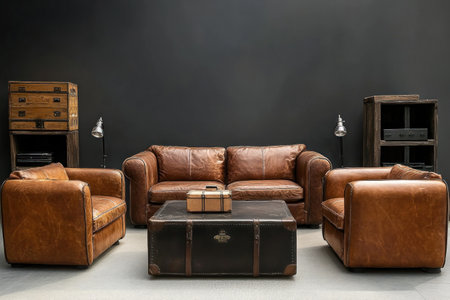 Modern interior design with a leather sofa, armchairs, and a coffee table against a dark gray wall background. Minimalist home decor in an industrial-style living room. --ar 3:2 --v 6.1 Job ID: 984601f3-fc2f-4fa1-aaa3-b085cf692555の素材