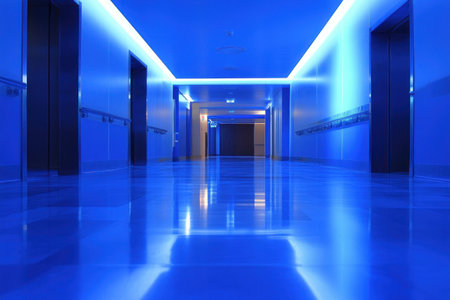 A blue and white hospital hallway, with a clean and shiny floor, illuminated by blue lighting. This scene is suitable for photography. --ar 3:2 --v 6.1 Job ID: 119382e3-257d-45a2-ac60-fa9a3899a99eの素材