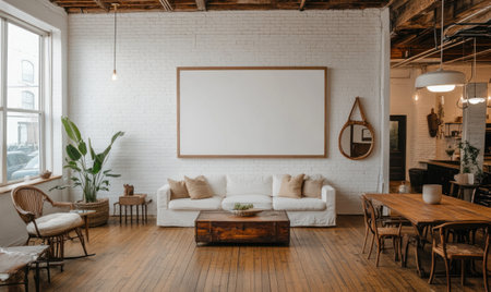 A living room with white brick walls, wood floors, and an open floor plan. There is a large blank canvas on the wall above a sofa and coffee table. The space also has a dining area with chairs around wooden tables and pendant lights hanging from the ceiling. In front of the couch, there's a rustic-style side chair. A mirror hangs near the entrance door at one end of the space. The overall ambiance should feel modern yet inviting. --ar 5:3 --v 6.1 Job ID: ffbdf063-5530-4bc6-abbf-66e64f711a7eの素材