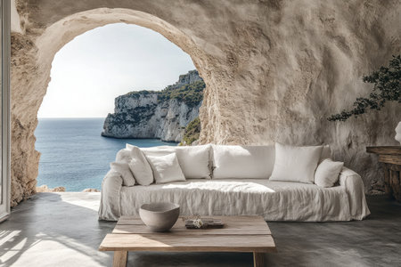 Modern interior design, a living room in front of the sea with rocky cliffs and a view of the French Riviera beach. The room features a white linen sofa, a concrete floor, a wooden coffee table, and bohemian-style decoration. The image was taken with a Canon EOS camera, with a zoom-out shot. --ar 3:2 --v 6.1 Job ID: e90c7003-07f8-4578-9e35-29a93acc563dの素材