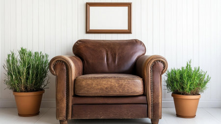 Photo of a leather armchair in front of an empty picture frame on the wall, placed next to potted plants and against white walls with trim. Web banner for 'A classic living room interior design', minimalist style, high resolution, professional photography, focus stacking, sharp. --chaos 30 --ar 16:9 --v 6.1 Job ID: 6f1b8101-2352-4ed5-9d27-cb96cd047657の素材