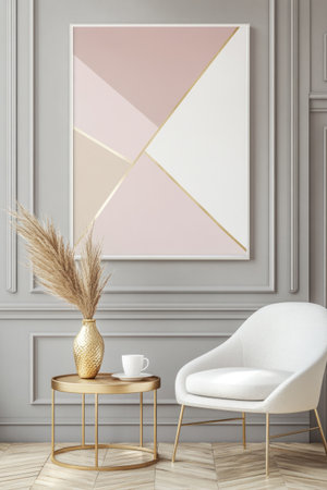 A minimalist poster with golden elements, a grey wall with a white frame, geometric shapes in pastel pink and beige colors on the picture, a small gold side table with a pampas grass vase and a coffee cup next to it, a white chair nearby, a parquet floor, and natural light. --ar 2:3 --v 6.1 Job ID: e9576bd2-7da2-4db3-9f43-0381d0c68618の素材
