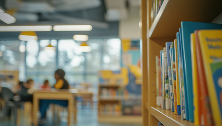 Close-up of bookshelves in the school library, blurred background showing children playing and learning at their desks, vibrant colors, focus on books with visible cover images, educational atmosphere, soft lighting from overhead lights, shot with a Canon EOS R5 camera using a macro lens for sharp detail capture. --ar 53:30 --v 6.1 Job ID: 81eebf71-46e4-4c5c-bb8a-5c50770d8179の素材