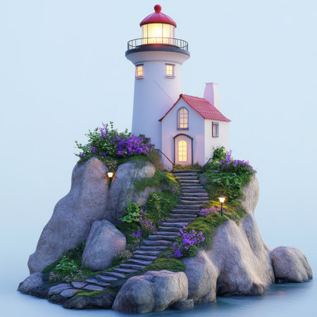 3D sculpted white lighthouse with a red roof, on top of a rocky island with blue water and purple flowers and greenery, small stone stairs leading up to the house, lit by warm light from inside the building, isolated against a solid background. --v 6.1 Job ID: 545e003b-1ef3-4bd0-bc5e-cf298bfd4a45の素材