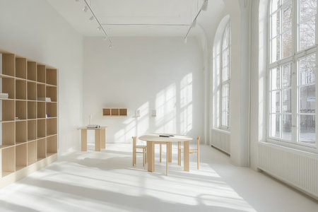 A simple and clean white office with minimalist furniture, featuring an elegant table for four people in the center of the room. The walls feature large windows that fill it with natural light, creating a bright atmosphere. A bookcase stands on one side, adding depth to the space. In front of each chair is a small wooden shelf or rack for personal items. The lack of lighting emphasizes simplicity and tranquility in its design. --ar 3:2 --v 6.1 Job ID: 060fb3e2-dd7b-4131-9b16-337c7427e778の素材