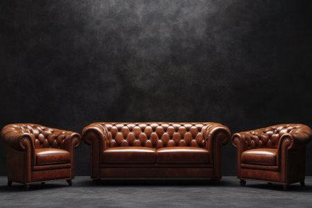 Modern interior, leather sofa and armchairs in the living room with a dark gray wall background. The interior design of a modern home entryway for family life, featuring photo-realistic techniques, dark gray colors, minimalism, meticulous details, detailed character designs, soft lighting, and a raw style. --ar 3:2 --v 6.1 Job ID: 600952ea-0e0f-4a32-be48-be18c6a50df1の素材