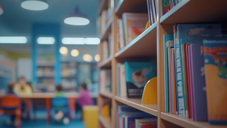 Close-up of bookshelves in the school library, blurred background showing children playing and learning at their desks, vibrant colors, focus on books with visible cover images, educational atmosphere, soft lighting from overhead lights, shot with a Canon EOS R5 camera using a macro lens for sharp detail capture. --ar 53:30 --v 6.1 Job ID: 81eebf71-46e4-4c5c-bb8a-5c50770d8179の素材
