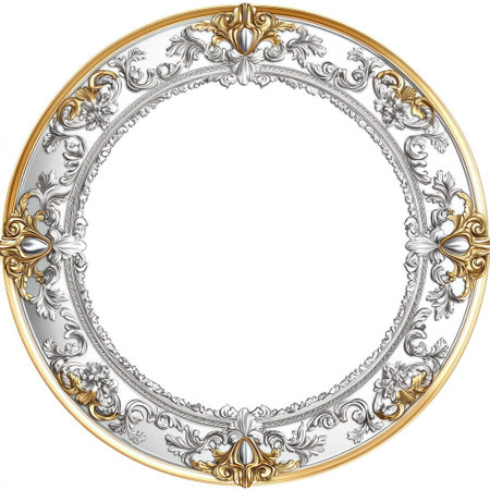 Gold and silver circular frame, classical-style border with a white background, exquisite details, symmetrical composition, rich texture design, gorgeous pattern decoration, delicate gold edge outline, high-definition photography, and a luxurious feeling. --v 6.1 Job ID: 9e7ca30e-8c0f-4d40-9888-c396a8fa81b5の素材