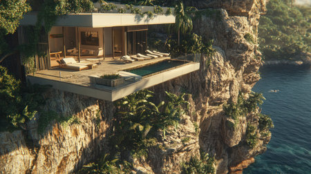 A stunning cliffside villa with an infinity pool overlooking the sea, featuring sleek white furniture and lush greenery on its balcony. The scene is captured in high resolution, showcasing the breathtaking view of azure waters from every angle. A detailed shot captures relaxing sun loungers by the swimming area, adding to the luxurious ambiance of this picturesque setting. in the style of Photography. --chaos 30 --ar 16:9 --v 6.1 Job ID: 67f5e407-5900-4ffe-84cd-a0e1900d5bbeの素材