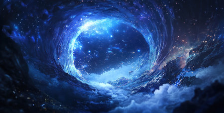 A futuristic tunnel with blue lights, light fog, and stars in the background, hyper-realistic, in the style of a photorealistic digital painting. --ar 59:30 --v 6.1 Job ID: 1329634f-a47e-413c-8fe5-680ddac1b888の素材