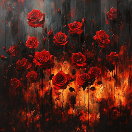 A surreal painting of red roses floating in the air, creating an atmosphere reminiscent of hell with flames and dark colors. The background is an abstract pattern that adds depth to the scene. --v 6.1 Job ID: eb088262-8576-4d5b-8034-88ae86cfc9a8の素材