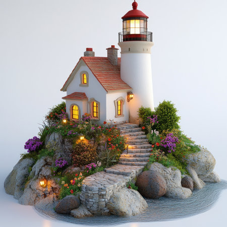 3D model of a lighthouse house with a garden and stone stairs on the shore, with lights in the windows, flowers around, rocks, and sea water, against a light background, with white walls and a red roof. --v 6.1 Job ID: edc4fc76-0e87-4c43-88ba-6aecfa883fd8の素材