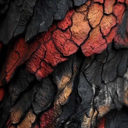 Close-up of burnt tree bark, mixed with different colors and textures, photorealistic, hyperrealistic. --v 6.1 Job ID: 5f8a0c18-9ebd-4d56-957a-03e3f010e163の素材