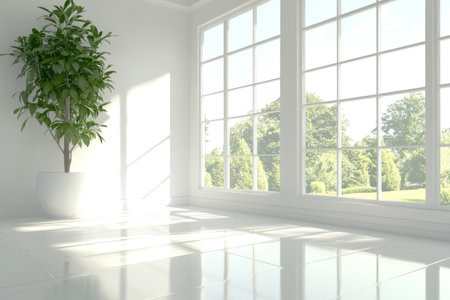 A bright, white room with large windows and tiles on the floor, with sunlight streaming in from outside through the windows. There is also an indoor plant placed near one of them. The overall atmosphere exudes tranquility and simplicity, creating a serene ambiance that captures attention. --ar 3:2 --v 6.1 Job ID: f6802ba4-8774-471f-98bb-fc7a59569047の素材