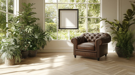 Photograph of an empty picture frame hanging on the wall. In front of it is a leather armchair, a large window with white panes, and plants on both sides. The floor has light wood herringbone planks. This is an interior design scene, captured through hyper-realistic photography. --chaos 30 --ar 16:9 --v 6.1 Job ID: d780346f-5c51-4ace-8ba5-5ff41fca9deaの素材