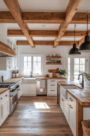 A white kitchen with a wood floor and white subway tiles, wooden beams on the ceiling, a black pendant light hanging above the sink in front of an oven, and a wooden table near the stove top. Scandinavian interior design, a boho aesthetic style, shot from a wide-angle lens. --ar 2:3 --v 6.1 Job ID: a74fd590-ca1c-4f4e-a8f3-0b6366024010の素材