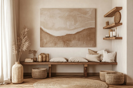 A large, vertical painting of an abstract design in earthy tones hangs on the wall above an elegant wooden bench with cushions and wicker baskets beside it. A minimalist shelf is adorned with decorative items like vases, candles, and books. The room's floor features natural wood flooring, creating a cozy atmosphere. Soft lighting illuminates the space, enhancing its bohemian charm. --ar 3:2 --v 6.1 Job ID: 70b4081b-3deb-4282-b678-e977577fc2cfの素材