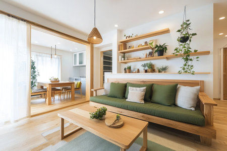 Modern living room with a wooden sofa and green cushions, white walls, neutral colors, indoor plants, a light wood coffee table, a decorative shelf unit, a hanging pendant lamp, and cozy home decor. --ar 3:2 --v 6.1 Job ID: 17a4af36-8333-4a87-9f75-fd2d52978876の素材