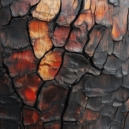 Close-up of the texture of burnt wood, showing its charred and cracked surface with dark brown to black tones. The background is an abstract representation of leaves in various shades of red, orange, yellow, and brown. This creates a contrast between natural elements and the smoke-tinged wood, emphasizing their unique textures. --v 6.1 Job ID: 303ea7b5-a4ba-451c-b8d3-2cd34c8196f4の素材