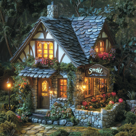 A beautiful little house with an apple orchard, windows and lights on inside the room, decorated in a fantasy style, a small stone wall at its entrance decorated with flowers, and plants around it. A sign reading "Smoke" hangs above one of the two doors. A miniature garden is located near the cottage. High in detail, photorealistic, and bright in colors. --v 6.1 Job ID: 18c045df-1cf4-4887-a574-fc36e25ba62dの素材