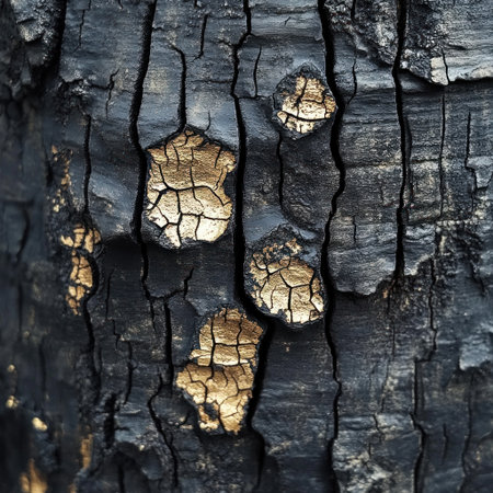 A close-up of charred wood with black and gold patterns, char on the surface, an abstract sculpture made from old tree bark in the style of Daniel Arsham, close-up of burnt textures, weathered rock face, hyper-realistic photography, detailed texture, National Geographic photo, close-up, natural lighting, muted colors. --v 6.1 Job ID: 76ef1dcb-1d8b-4638-914d-153c53c65578の素材