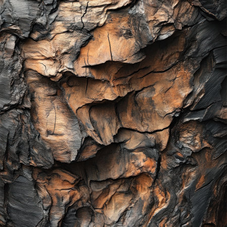 Close-up of a cave wall made from redwood tree bark, with brown and black tones, in a photorealistic style. --v 6.1 Job ID: a0e5ebbf-664e-4745-ae70-1c8e66b8202dの素材