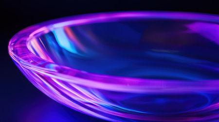 A close-up of an illuminated glass curved dish with purple and blue neon lighting, set against a black background. The focus is on the elegant curves and reflections in the liquid within the plate, creating a mesmerizing visual effect. This composition highlights the beauty of light refraction and reflection, adding to its artistic appeal. The use of neon lights adds contrast between the dark space and bright colors, enhancing the overall visual impact. --chaos 30 --ar 16:9 --v 6.1 Job ID: 3bfc3fef-2c56-4c70-8000-6367affb8870の素材