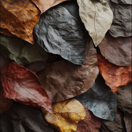 A close-up of the texture and color of leather, a palette of brown, black, red, grey, white, blue, green, and yellow. A pile of differently colored leathers with soft, natural lighting, organic textures, and earthy colors. Sculpted rock formations, made from leaves, in a flat perspective, rendered in Blender. --v 6.1 Job ID: 7c509150-97e9-41ad-b037-167ae73c2043の素材