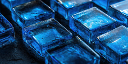 A close-up of blue glass blocks on a black background, creating an abstract and futuristic design. The focus is sharp, with the blocks arranged in a geometric pattern that suggests movement or energy. The lighting casts subtle shadows to accentuate details, adding depth and dimensionality. --ar 2:1 --v 6.1 Job ID: 3a8a0def-298d-4ac2-a71c-2e85da4f34dcの素材