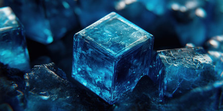 Close-up of blue glass cubic blocks on a black background, photorealistic, in the style of Octane Render. --ar 2:1 --v 6.1 Job ID: 74f400e1-ce81-4691-be7d-ae70ddb4a2a9の素材