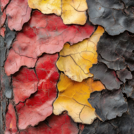 A close-up of tree bark in the style of a colorful leaf collage, a detailed photograph in red and yellow tones, very vibrant, a mixed media collage with organic nature-inspired forms, earthy colors, leather with a dark background, detailed and intricate, hyper-realistic. --v 6.1 Job ID: 00bc8856-eb3f-4a26-985e-9d0f480e7a59の素材