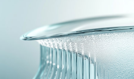 A close-up of the curved glass surface of an energy-efficient fortress, showcasing its sleek design and reflective features against a light blue background. The focus is on intricate details like vertical lines that add depth to the structure's appearance. --ar 5:3 --v 6.1 Job ID: e5d2d801-2d81-4a38-809a-3fb649ea4c07の素材