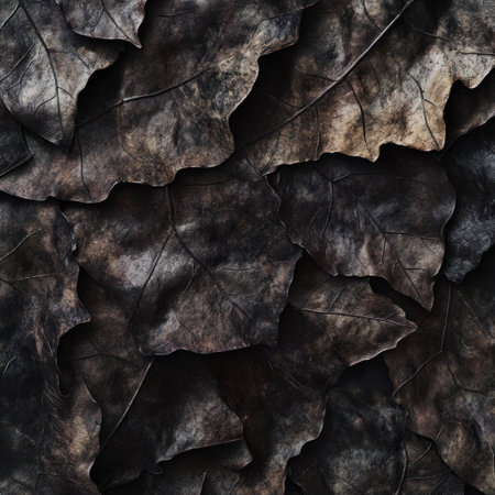 A close-up of dark, rugged textured leaves in various shades of brown and black, resembling the rough texture found on rocks or stones. The focus is on capturing intricate details such as natural folds and creases within each leaf, creating an artistic and detailed pattern. This composition adds depth to your background with its unique earthy tones and organic feel. --v 6.1 Job ID: 1296c76d-17ab-46e5-8606-74d182f54be7の素材